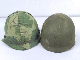 U.S. Army, M1 steel helmet with early liner ( CAPAC 1953 )  and Mitchell cover. Liner sweatband and cover dated 1973