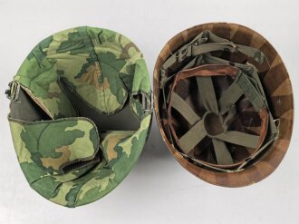 U.S. Army, M1 steel helmet with early liner ( CAPAC 1953 )  and Mitchell cover. Liner sweatband and cover dated 1973