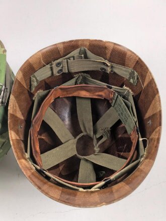 U.S. Army, M1 steel helmet with early liner ( CAPAC 1953 )  and Mitchell cover. Liner sweatband and cover dated 1973