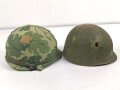 U.S. Army, M1 steel helmet with early liner ( CAPAC 1953 )  and Mitchell cover. Liner sweatband and cover dated 1973