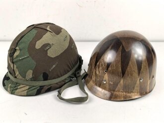 U.S. Army, M1 steel helmet . Liner sweatband dated 1983, Woodland cover dated 1984, Paratrooper chinstrap original ?.