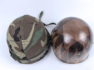 U.S. Army, M1 steel helmet . Liner sweatband dated 1983, Woodland cover dated 1984, Paratrooper chinstrap original ?.