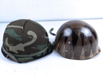 U.S. Army, M1 steel helmet . Liner sweatband dated 1983, Woodland cover dated 1984, Paratrooper chinstrap original ?.