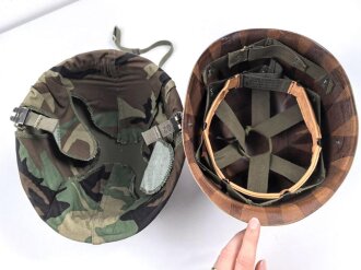 U.S. Army, M1 steel helmet . Liner sweatband dated 1983, Woodland cover dated 1984, Paratrooper chinstrap original ?.