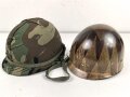 U.S. Army, M1 steel helmet . Liner sweatband dated 1983, Woodland cover dated 1984, Paratrooper chinstrap original ?.