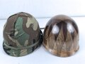 U.S. Army, M1 steel helmet . Liner sweatband dated 1983, Woodland cover dated 1984, Paratrooper chinstrap original ?.