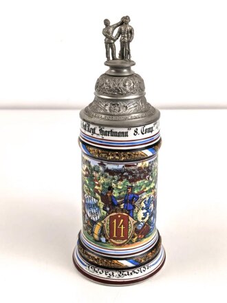 Bayern, Reservistenkrug eines Angehörigen " Königlich bayrisches 14 Infanterie Regiment Kartmann, 8. Comp. Nürnberg" Guter Gesamtzustand, ungereinigt