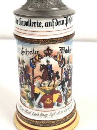 Baden, Reservistenkrug eines Angehörigen im " Badischen Leib Dragoner Regiment No 20. Karlsruhe"  Guter Gesamtzustand, ungereinigt