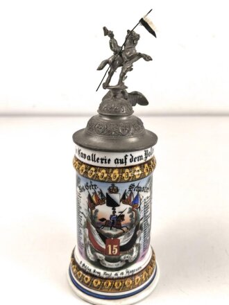 Preussen, Reservistenkrug eines Angehörigen im " Schlesischen Dragoner Regiment No 15 Hagenau"  Guter Gesamtzustand, der Reiter hat einen seitlichen Schlag abbekommen, die Lanze "kreativ" ersetzt