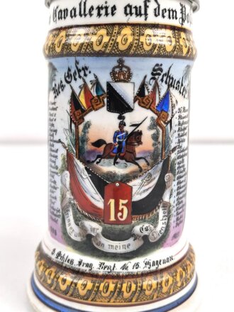 Preussen, Reservistenkrug eines Angehörigen im " Schlesischen Dragoner Regiment No 15 Hagenau"  Guter Gesamtzustand, der Reiter hat einen seitlichen Schlag abbekommen, die Lanze "kreativ" ersetzt