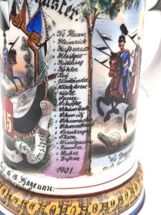 Preussen, Reservistenkrug eines Angehörigen im " Schlesischen Dragoner Regiment No 15 Hagenau"  Guter Gesamtzustand, der Reiter hat einen seitlichen Schlag abbekommen, die Lanze "kreativ" ersetzt