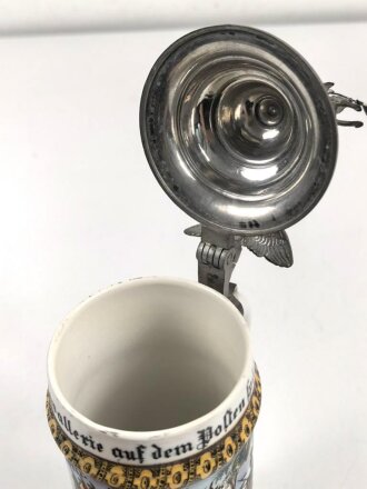 Preussen, Reservistenkrug eines Angehörigen im " Schlesischen Dragoner Regiment No 15 Hagenau"  Guter Gesamtzustand, der Reiter hat einen seitlichen Schlag abbekommen, die Lanze "kreativ" ersetzt