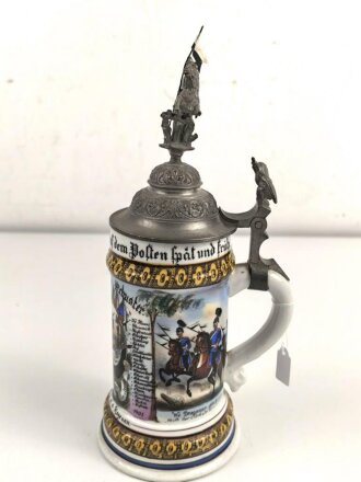 Preussen, Reservistenkrug eines Angehörigen im " Schlesischen Dragoner Regiment No 15 Hagenau"  Guter Gesamtzustand, der Reiter hat einen seitlichen Schlag abbekommen, die Lanze "kreativ" ersetzt