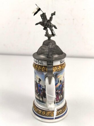 Preussen, Reservistenkrug eines Angehörigen im " Schlesischen Dragoner Regiment No 15 Hagenau"  Guter Gesamtzustand, der Reiter hat einen seitlichen Schlag abbekommen, die Lanze "kreativ" ersetzt