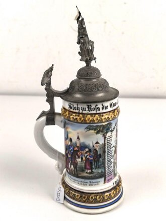 Preussen, Reservistenkrug eines Angehörigen im " Schlesischen Dragoner Regiment No 15 Hagenau"  Guter Gesamtzustand, der Reiter hat einen seitlichen Schlag abbekommen, die Lanze "kreativ" ersetzt