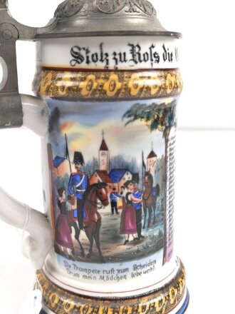Preussen, Reservistenkrug eines Angehörigen im " Schlesischen Dragoner Regiment No 15 Hagenau"  Guter Gesamtzustand, der Reiter hat einen seitlichen Schlag abbekommen, die Lanze "kreativ" ersetzt