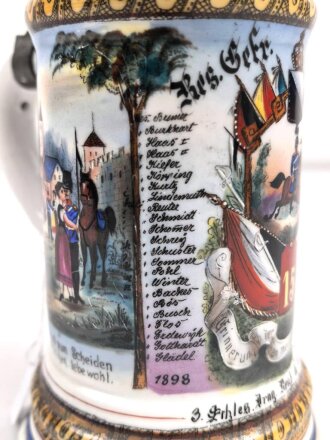 Preussen, Reservistenkrug eines Angehörigen im " Schlesischen Dragoner Regiment No 15 Hagenau"  Guter Gesamtzustand, der Reiter hat einen seitlichen Schlag abbekommen, die Lanze "kreativ" ersetzt
