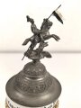 Preussen, Reservistenkrug eines Angehörigen im " Schlesischen Dragoner Regiment No 15 Hagenau"  Guter Gesamtzustand, der Reiter hat einen seitlichen Schlag abbekommen, die Lanze "kreativ" ersetzt