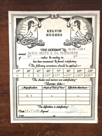 U.S. Navy, 1941 dated Sextant Mark II. Good condition, in case. 1992 tested by "Kalvin Hughes"