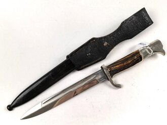 Extraseitengewehr KS98 Wehrmacht. Hersteller WKC. Variante mit Hirschhorngriffschalen, Scheide Originallack, im Lacklederkoppelschuh