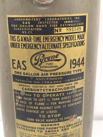 U.S. 1944 dated Hand Fire Extinguisher. " War time emergency Model"  Good condition, empty, NO OVERSEAS SHIPPING