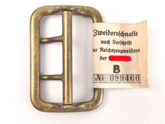Zweidornschnalle nach Vorschrift der NSDAP. 58mm Höhe, vergoldet. Ungetragen, mit RZM Etikett