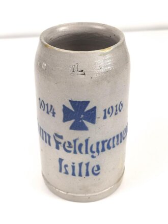 1.Weltkrieg, Steingut Bierkrug 1 Liter " Zum Feldgrauen Lille" 1914 / 1916. Altersspuren