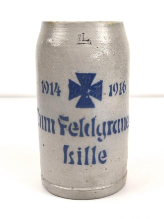 1.Weltkrieg, Steingut Bierkrug 1 Liter " Zum Feldgrauen Lille" 1914 / 1916. Altersspuren