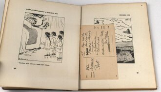 Russland 2. Weltkrieg, Buch " Kriegstreiber" Sowjetische Karikaturen von Boris Jefimow. , datiert 1938. In den meisten Seiten liegen Feldpostkarten mit jeweiligen Übersetzungen in Deutsch. Eher schlechter Zustand, aber hochinteressant