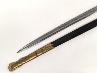 Kaiserliche Marine, Säbel für Offiziere. Doppelseitig geätzte Klinge von WKC , Insgesamt stärker getragenes Stück, die Glasuagen fehlen