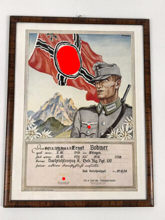 Gebirgsjäger Regiment 100, Dienstzeiturkunde von 1938 in sehr gutem Zustand, original gerahmt