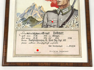 Gebirgsjäger Regiment 100, Dienstzeiturkunde von 1938 in sehr gutem Zustand, original gerahmt