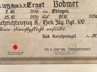 Gebirgsjäger Regiment 100, Dienstzeiturkunde von 1938 in sehr gutem Zustand, original gerahmt