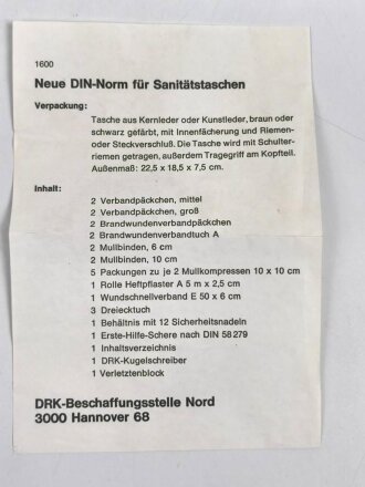 Deutschland nach 1945, DRK Sanitätstasche mit Inhalt. Guter Zustand, nur für DEKORATIONSZWECKE