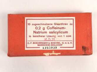 Leere Pappumverpackung für " 10 Glasröhren zu 0,2 g Coffeinum Natrium salicylicum"