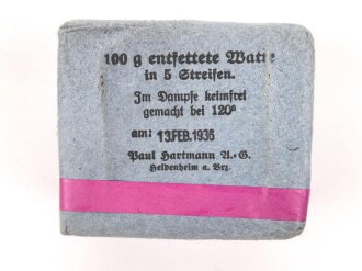 Pack "100g entfettete Watte" datiert 1936