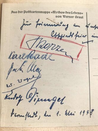 Otto Skorzeny, eigenhändige Unterschrift auf Postkarte vom 1. Mai 1948. ( Internierungslager Darmstadt )