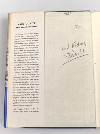 Karl Dönitz, eigenhändige Widmung samt Unterschrift vom 2.6.1970. Auf dem Vorsatzblatt seines Buches " Karl Dönitz, Mein wechselvolles Leben"