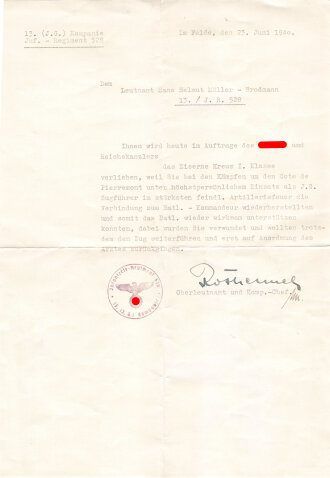 Infanterie Regiment 528, Anschreiben bezüglich...