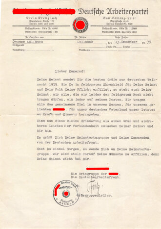 Ortsgruppenleiter der Ortsgruppe Löllbach, Kreis Kreuznach. Eigenhändige Unterschruft auf Anschreiben von 1939