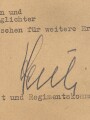 Grenadier Regiment 404, Anerkennungsschreiben für besonders tapferes verhalten bei der Abwehr eines feindlichen Spähtruppe. Eigenhändige Unterschrift Oberst und Regimentskommandeur, datiert Februar 1943