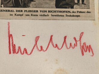 Wolfram Freiherr von Richthofen,  Generalfeldmarschall der Luftwaffe, Oberbefehlshaber der Luftflotten 2 und 4, Ritterkreuz mit Eichenlaub. Eigenhändige Unterschrift auf eingesandtem Kärtchen mit aufgeklebten Zeitungsausschnitt.