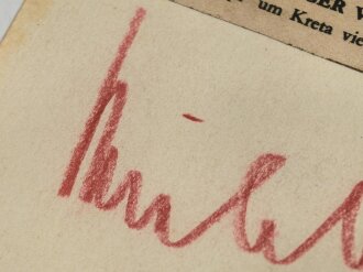 Wolfram Freiherr von Richthofen,  Generalfeldmarschall der Luftwaffe, Oberbefehlshaber der Luftflotten 2 und 4, Ritterkreuz mit Eichenlaub. Eigenhändige Unterschrift auf eingesandtem Kärtchen mit aufgeklebten Zeitungsausschnitt.