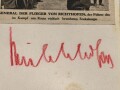 Wolfram Freiherr von Richthofen,  Generalfeldmarschall der Luftwaffe, Oberbefehlshaber der Luftflotten 2 und 4, Ritterkreuz mit Eichenlaub. Eigenhändige Unterschrift auf eingesandtem Kärtchen mit aufgeklebten Zeitungsausschnitt.