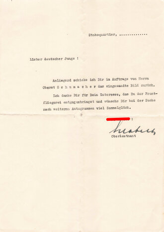 Carl Schumacher, Kommodore des Jagd Geschwader 1, Ritterkreuzträger. Eigenhändige Unterschrift auf " Adler" Postkarte, dazu bei Rücksendeschreiben mit gedruckter Unterschrift