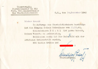 General der Gebirgstruppen Dietl, eigenhändige Unterschrift  auf Hoffmann Postkarte, dazu das Begleitschreiben seines persönlichen Ordonanzoffizier