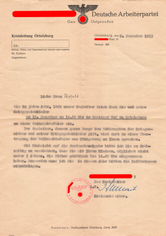 NSDAP Gau Ostpreußen, eigenhändige...