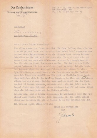 Reichministerium für Rüstung und Kriegsproduktion, eigenhändige Unterschrift eines Mitabreiters vom 7.12.1944