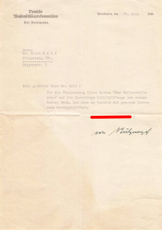 Carl-Heinrich von Stülpnagel, General der Infanterie. Eigenhändige Unterschrift  als Vorsitzender der Deutschen Waffenstillstandskommission  auf Brief, datiert 27.7.1940. Dazu der Briefumschlag