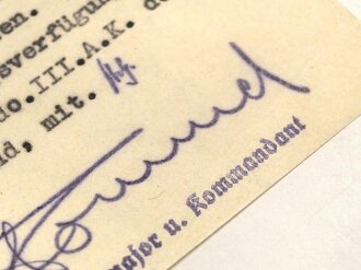 Erwin Rommel, Generalmajor und Kommandant des Führer Hauptquartiers, eigenhändige Unterschrift auf Schriftverkehr bezüglich "Auffüllung der Wachkompanie des Führerbegleitbataillions " datiert 31.1.40
